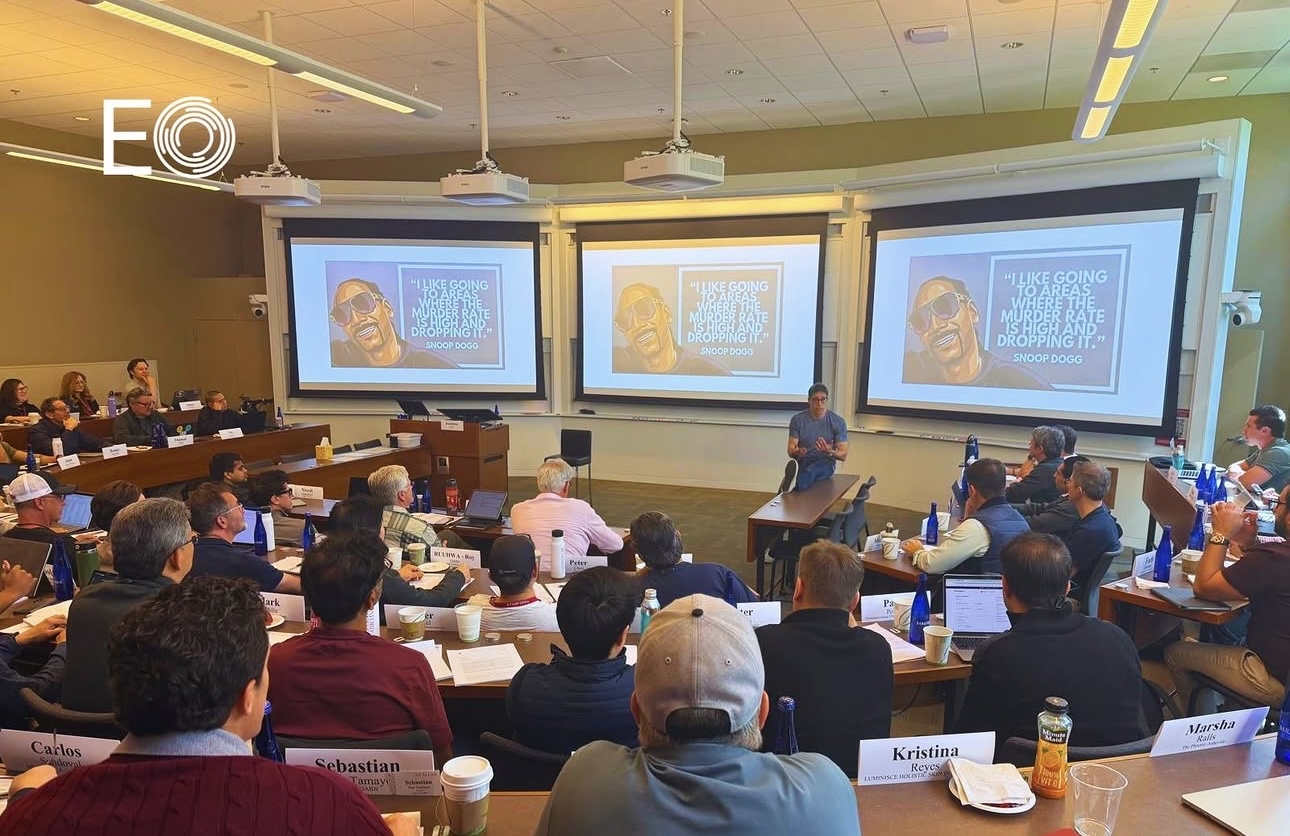 EO members learn about AI strategy in a Stanford classroom setting.