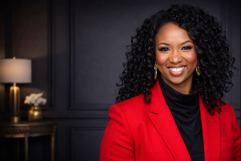 A Black female founder poses in an elegantly understated room.
