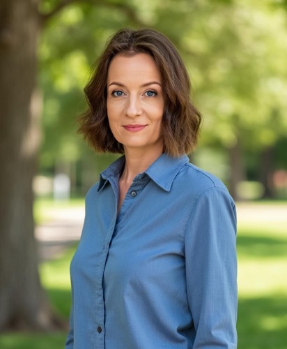 Close-up photo of a woman standing near a tree.