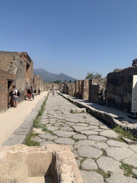 A street scene in the ruins of Pompeii.