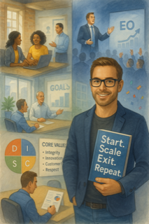 AI-generated image of a successful entrepreneur making a presentation, leading a meeting, and holding his award-winning book
