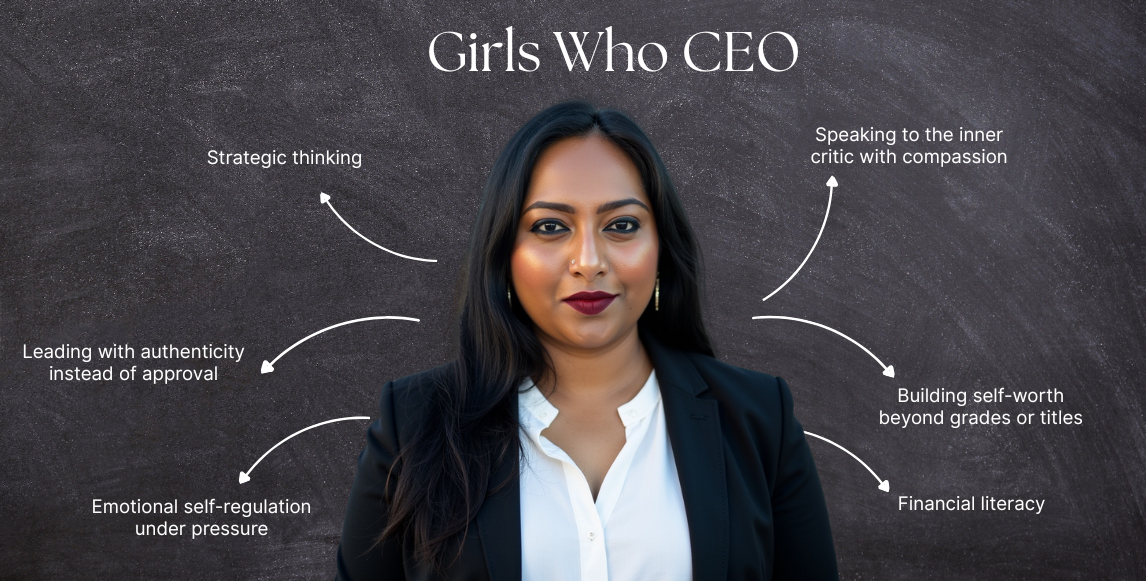 A woman stands before a chalkboard with various CEO skills written on it.