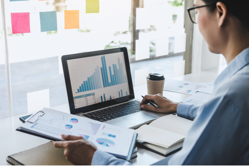 Analyst views data charts and graphs