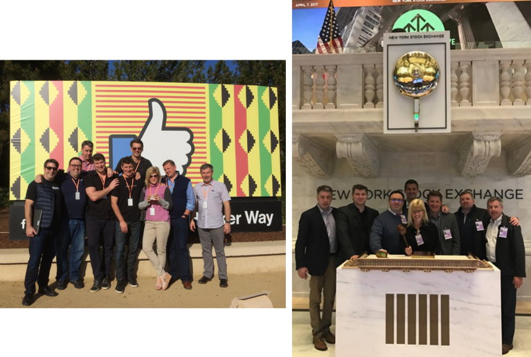 A group of eight men and women in front of the Facebook headquarters and posting at the New York Stock Exchange.